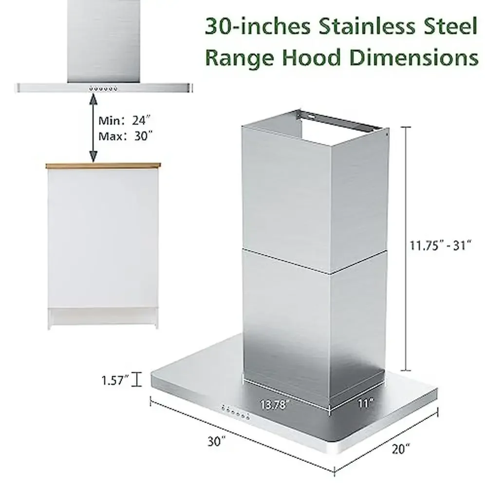 ステンレス鋼の壁に取り付けられたキッチンレンジフード、LEDライト、4速ファン、超薄型ボディ、煙突、お手入れが簡単なフィルター、900 cfm、30インチ