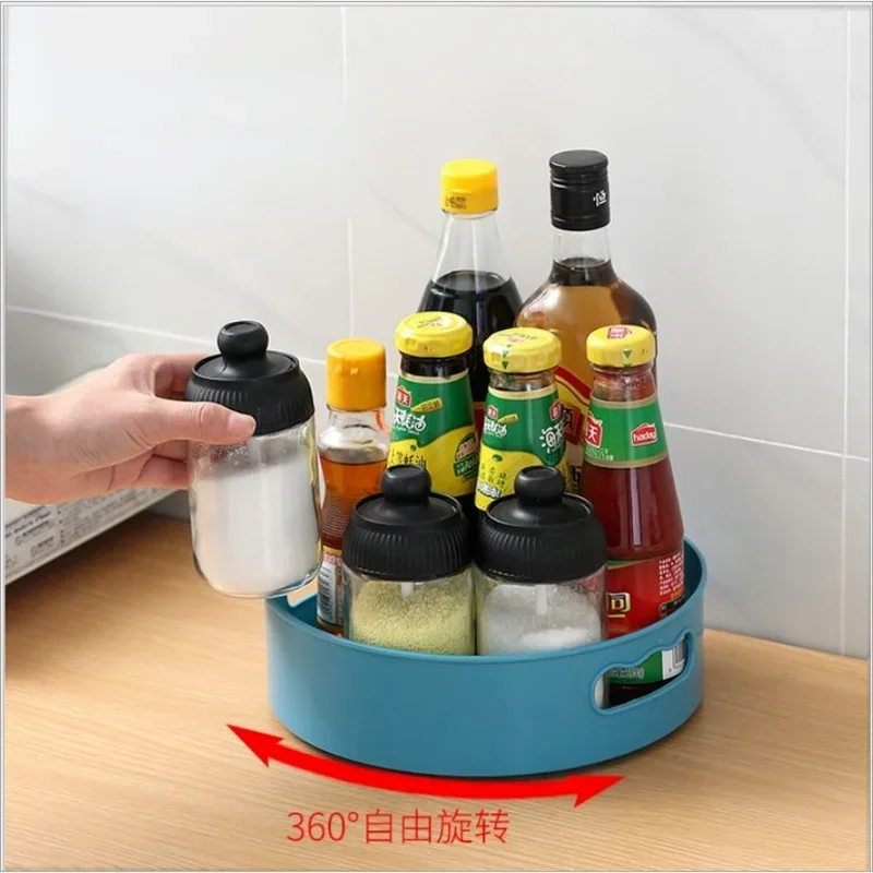 360 Rotatable Plastic Tray Spice Jar Plate Kitchen Storage Rack Shelf Seasoning Condiment Holder Cosmetic Container Organizer