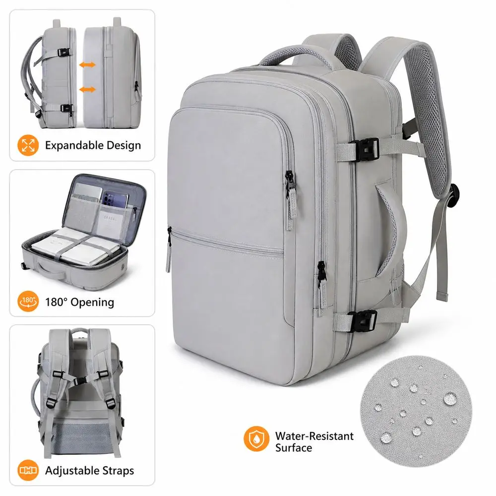 Waterproof Travel Backpack 180-Degree Opening Multi-Pocket Laptop Backpack Top Carry Handle Large Capacity Expandable Backpack