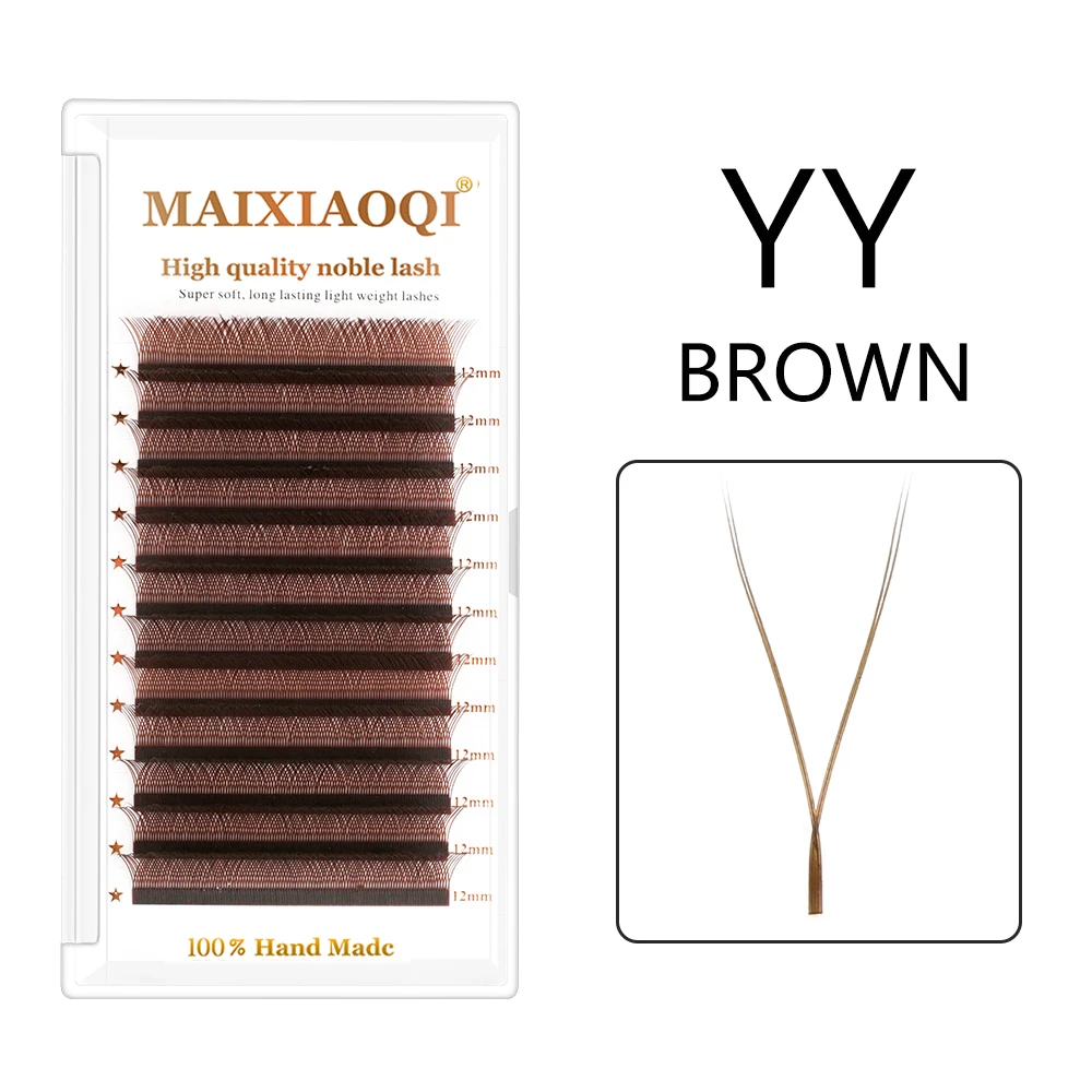 MAIXIAOQI Brown YY Shape Triple Tips Hand WovenPremium Soft Light Natural Eyelashes ExtensionSupplies