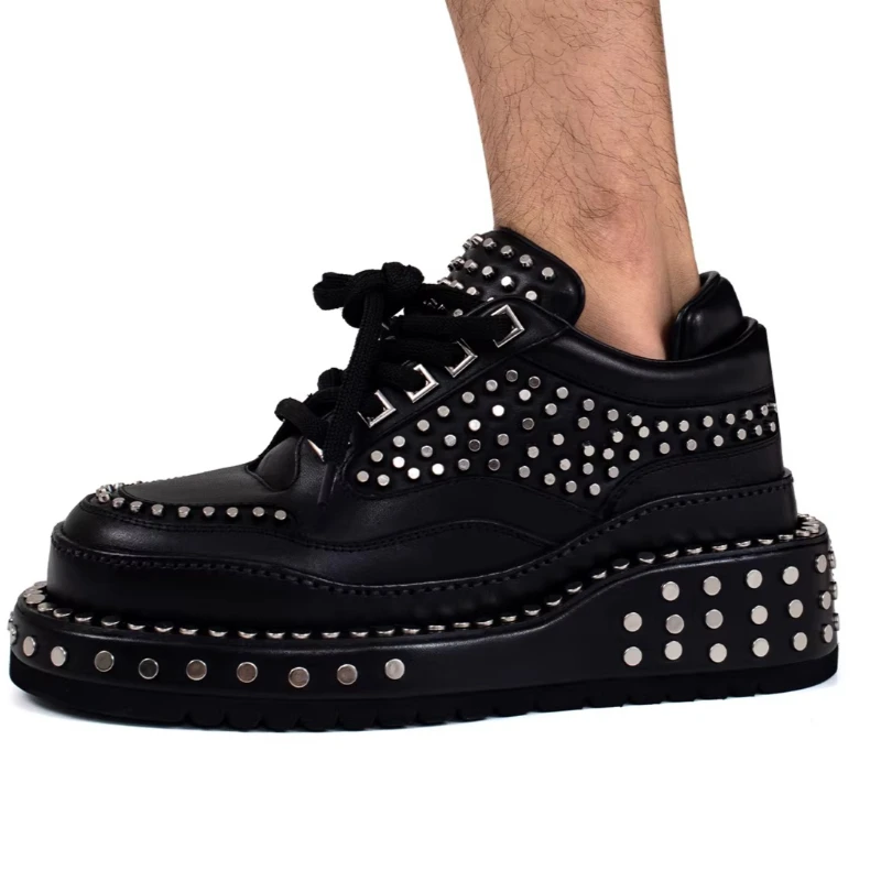 Europe Original Heavy Metal Rivet Design Board Shoes Shoes for Men's Motorcycle Style Casual Thick Soled Height Increasing Shoes