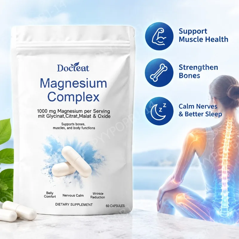 Magnesium Complex Capsules, Support Muscle & Bone Health, Calm Nerves & Improve Sleep, 1000mg Magnesium, 60 Capsules