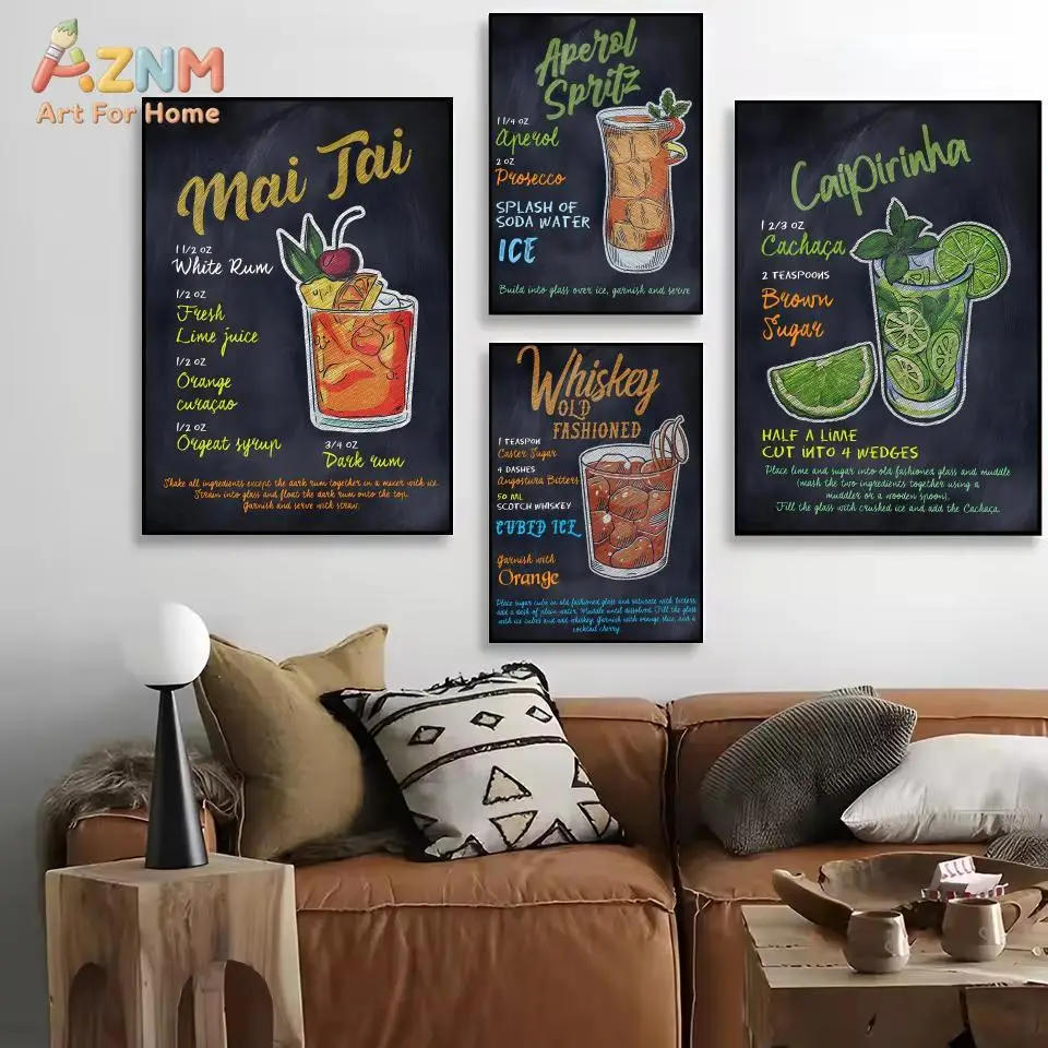 AZNM Classic Cocktail Recipe Canvas Print Whiskey Tequila Mai Tai Caipirinha Chalkboard Style Bar Drinks Guide Unframed Canvas W