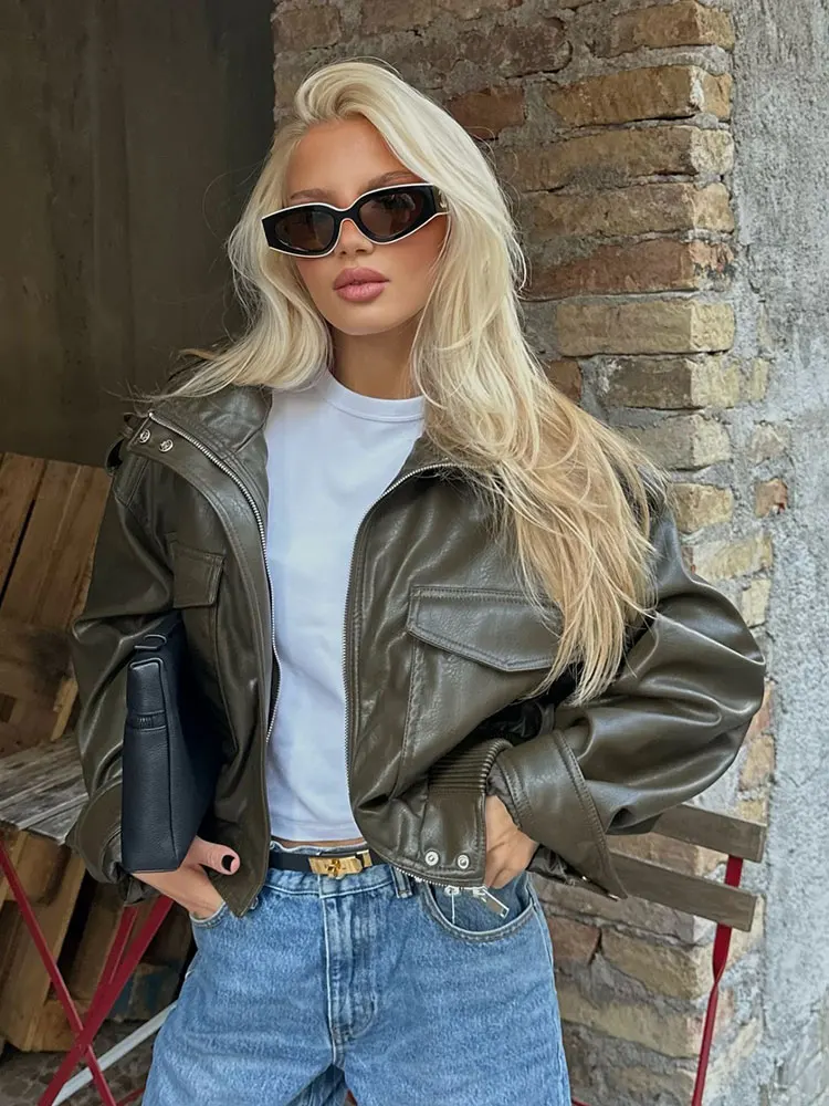 HH femmes Vintage fermetures éclair courtes vestes en cuir Pu à manches longues pardessus veste manteaux 2025 automne nouvelle dame Chic Streetwear