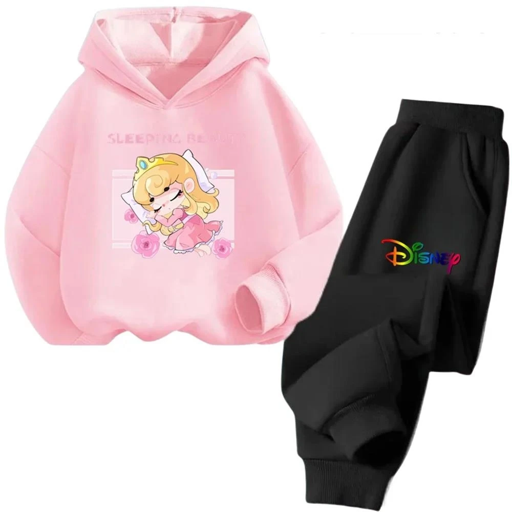 Disney Sleeping Beauty Hoodie Set Girls Cartoon 3-14 Years Old Kawaii Street Casual Kids Sweatshirt Children's Trucksuit