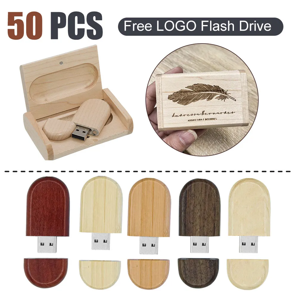 50 PCS LOT USB2.0 Flash Drive 128G Wooden Box Pen Drive 64G Free Custom Logo Memory Stick 32GB Photography Wedding Gift 8gb 16gb