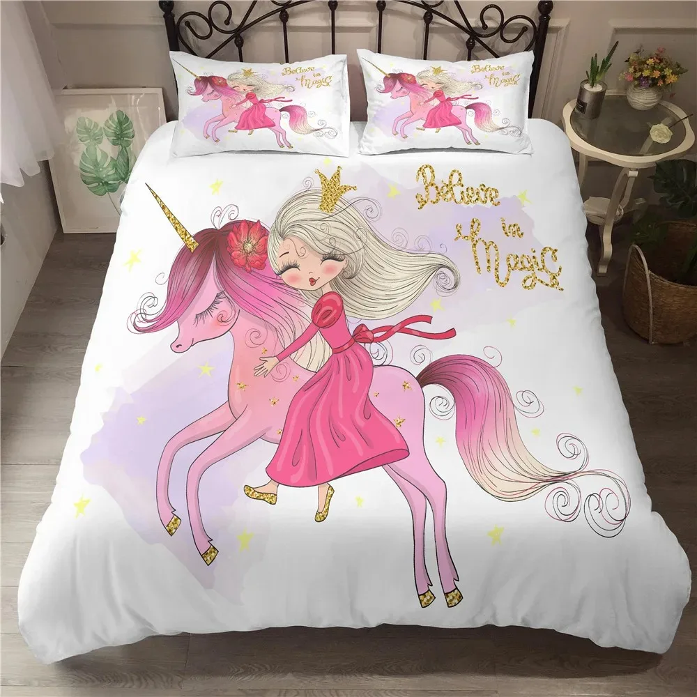 

Cute Unicorn Duvet Cover Set Girly Pink Castle Bedding Set Single Twin Size for Princess Girl Dedicated Bedroom Decor Bedclothes