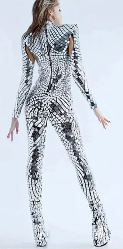 Silver Mirror Women Sequins Jumpsuit Gogo Stage Show Costume Pole Dance Clothes Women Lens Bodysuit Bar DJ Performance