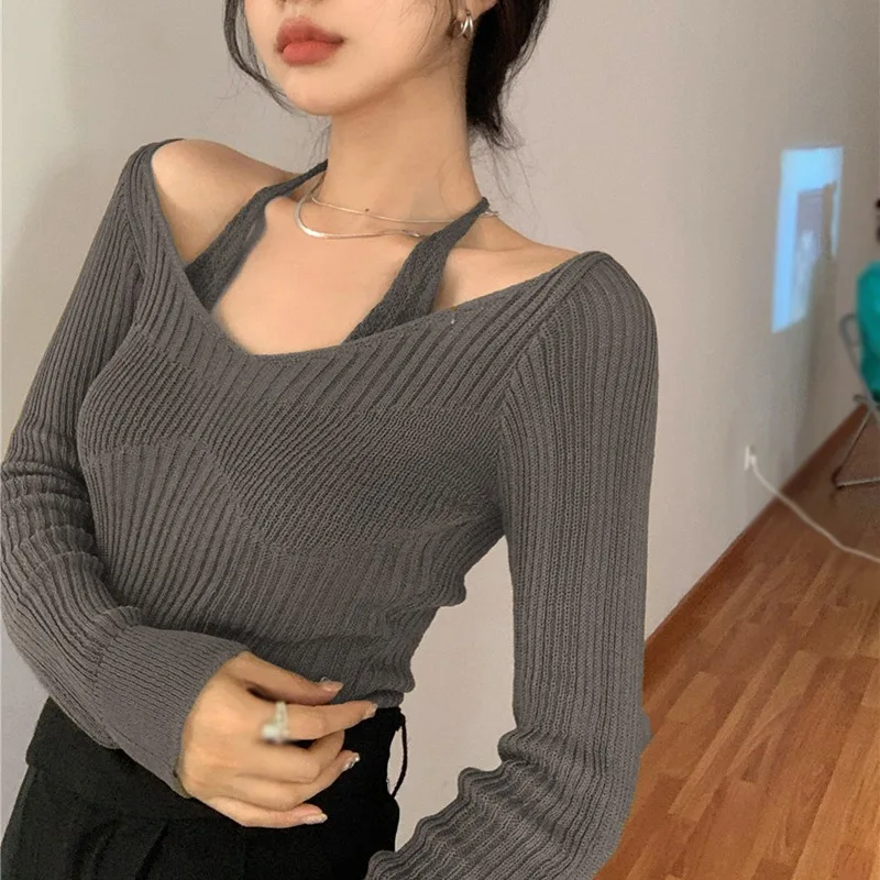 Spring And Autumn Long Sleeved Solid Color Slimming V-Neck Hanging Neck Tops Women\'s Off Shoulder Knitted Sweaters