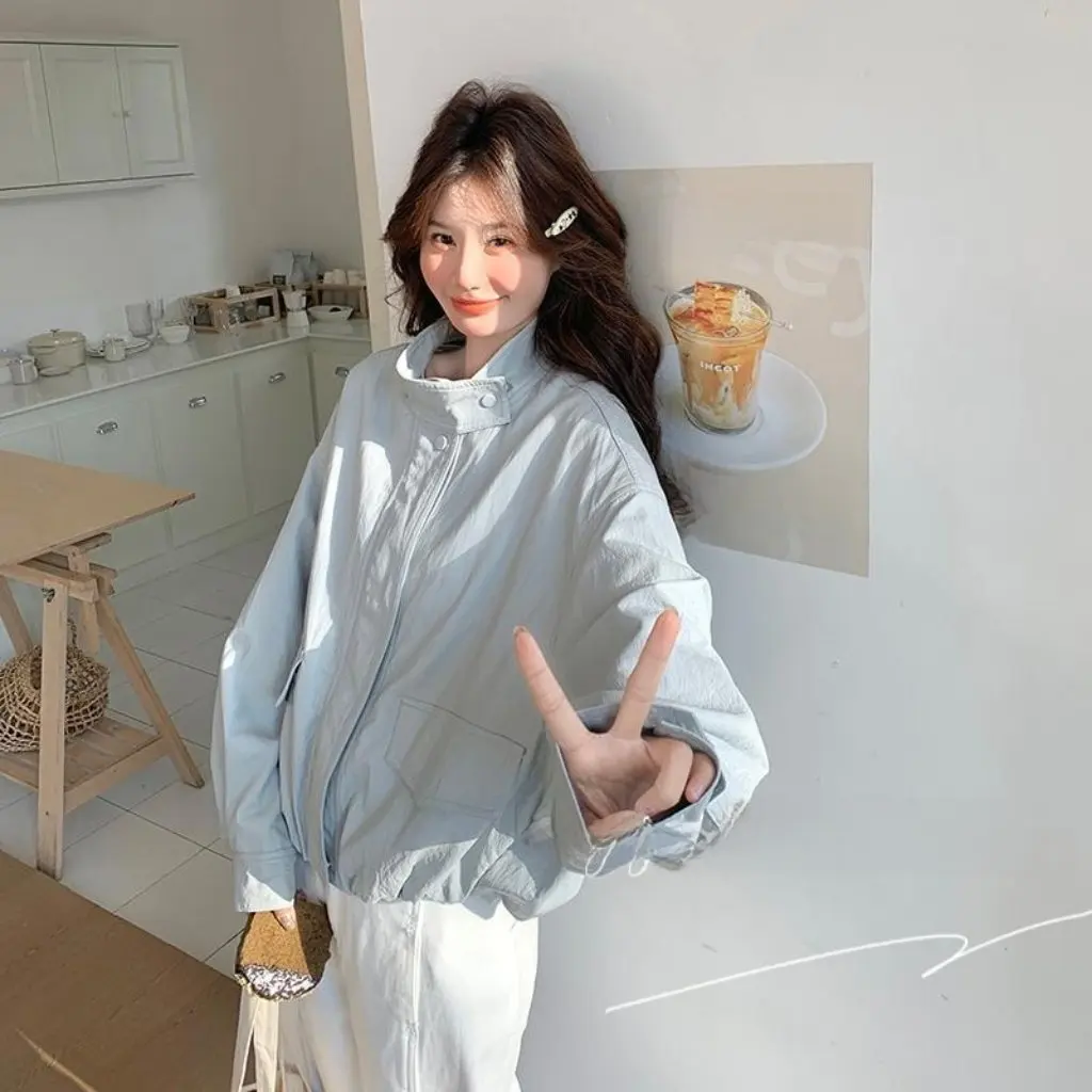 Light Blue Casual Style Leather Jacket for Women PU All-Match Age-Reducing Spring New Fashion Outerwear
