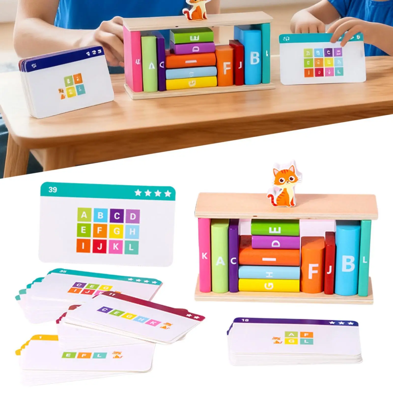 Conjunto de blocos de madeira com gatinho, jogo de habilidade motora fina, blocos de empilhamento educacionais, brinquedos de classificação de forma de cor para contar crianças