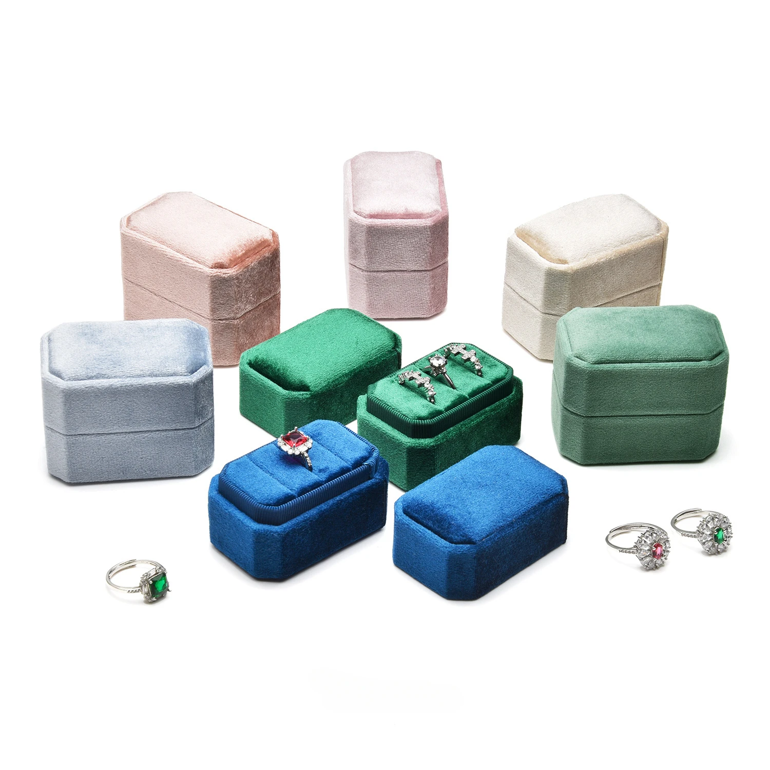 Velvet Double Ring Box Wedding Ceremony Ring Box with Detachable Lid 3 Compartment Ear Studs Holder Case