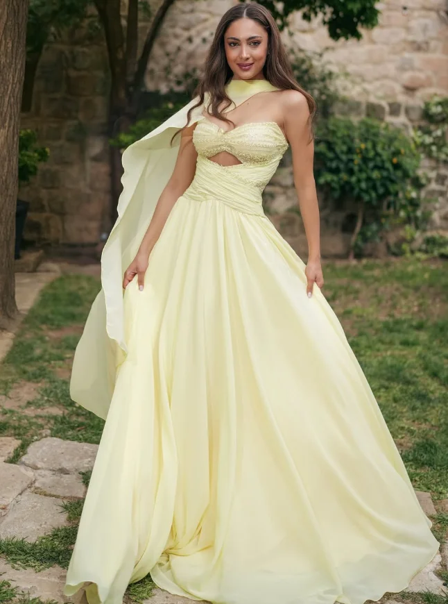 Customized High Quality Sweetheart Floor Length Sleeveless Beaded Yellow Wrinkle Halter One Shoulder  Evening Dresses Women