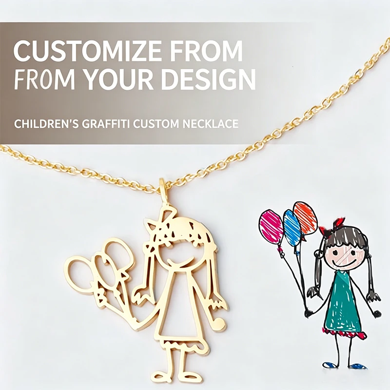 

Children's Drawing Picture Customized Pendant Necklace Stainless Steel Kids Artwork Photo Logo Personalized Necklace Memory Gift