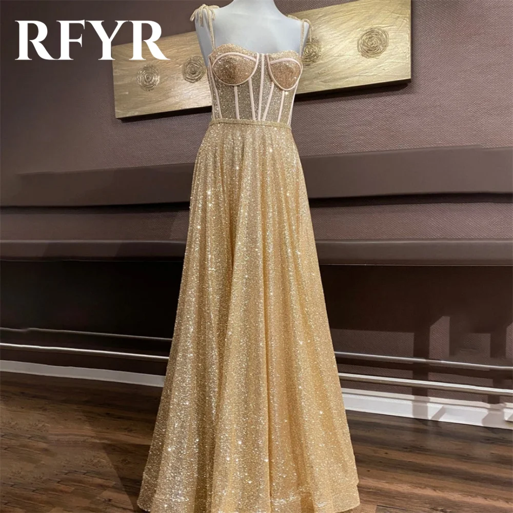 

RFYR Gold Sequins Special Occasion Dresses Spaghetti Straps Formal Gown Long Glitter Shiny Evening Dresses vestidos de fiesta