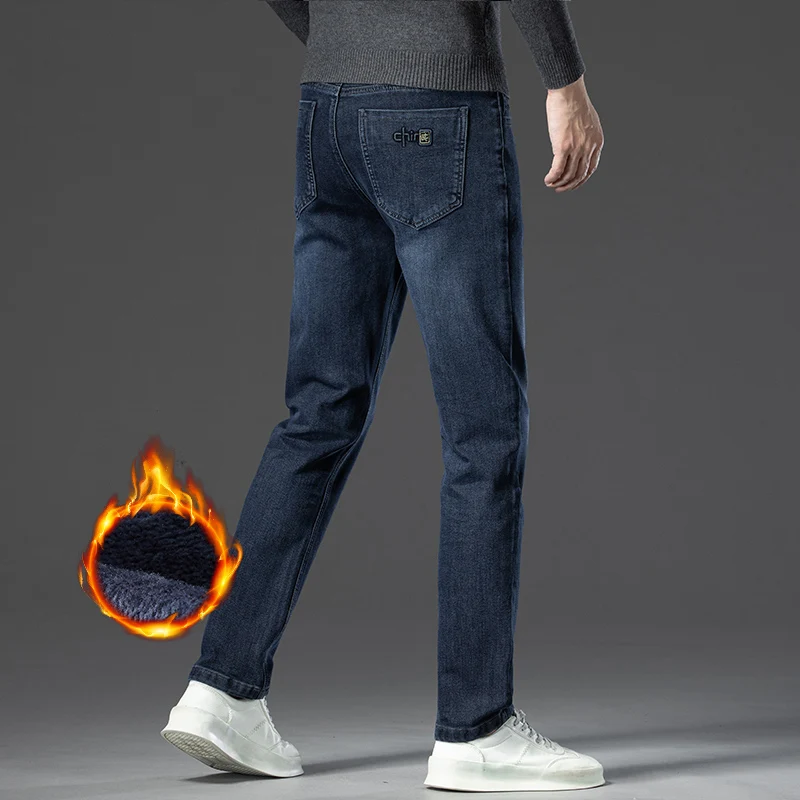 Winter Männlichen Gerade Stretch Fleece Jeans Gedruckt Warme Samt Hosen Business Casual Dicken Plüsch Denim Mode Marke Hosen