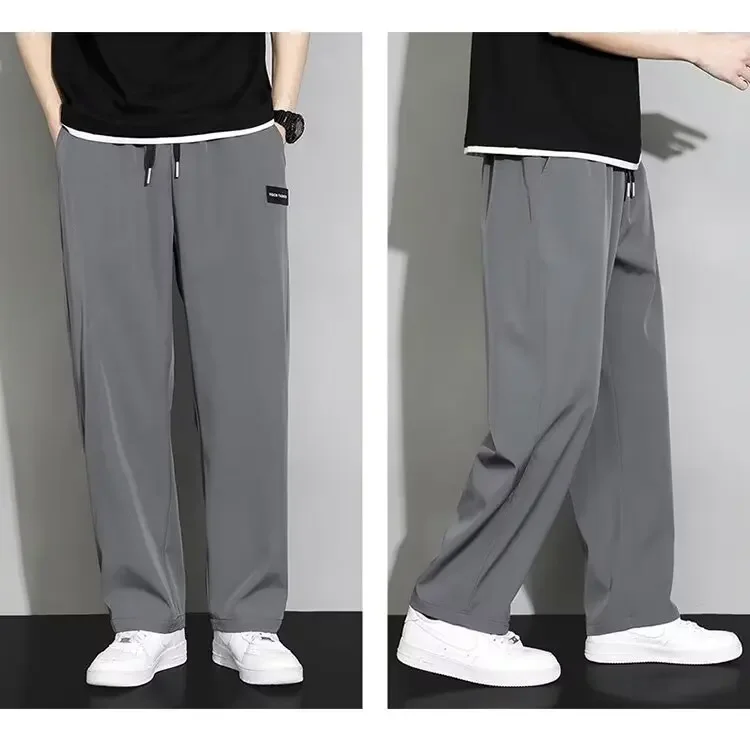 Korean Men Sweatpants Ice Silk Straight Wide Legs Pants Summer Men Sports Pants Jogging Trousers Y2k Japan Streetwear