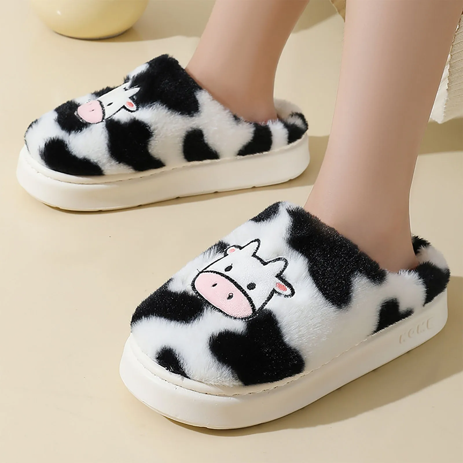

Winter Warm Slippers Woman Cartoon Milk Cow House Shoes Funny Shoes Autumn Cute Animals Slippers For Women Girls Kawaii Fluffy