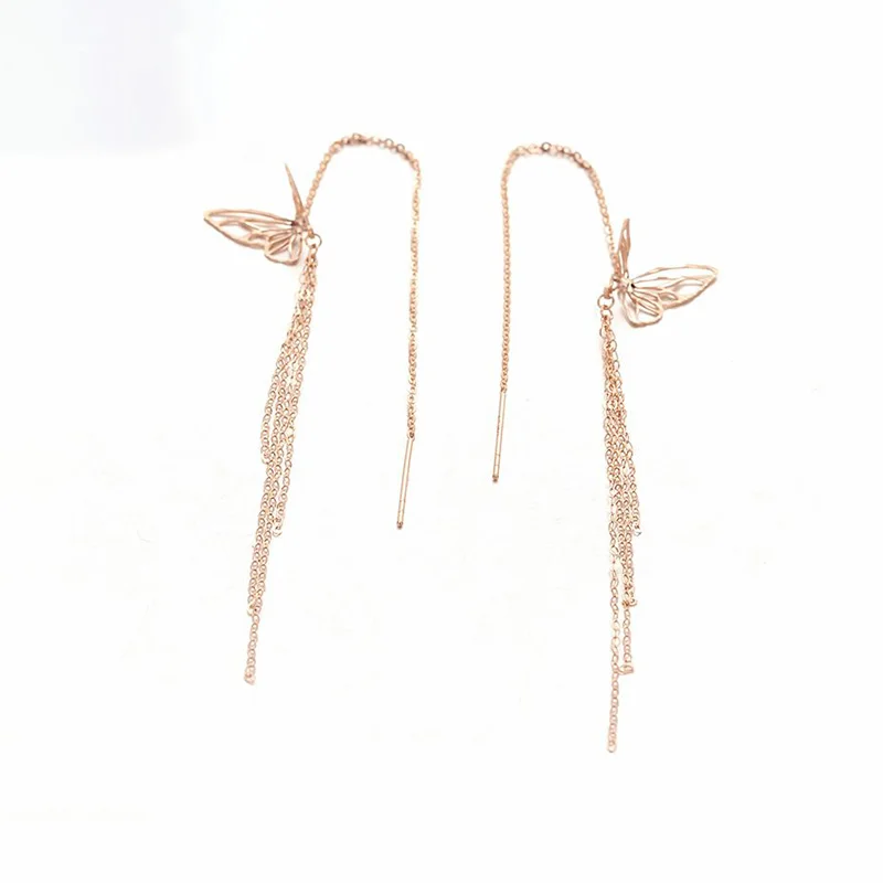 585 Purple Gold Sweet Butterfly earrings for women Simplicity Plated 14K Rose Gold Hollow Design chain Engagement Jewelry