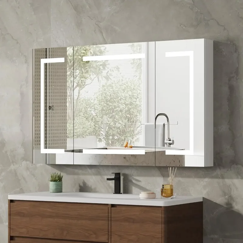 40x24in LED Mirror Medicine Cabinet, Defog Stepless Dimming 3 Colors 2 Outlets 2USB Aluminum Wall Mounted Bathroom
