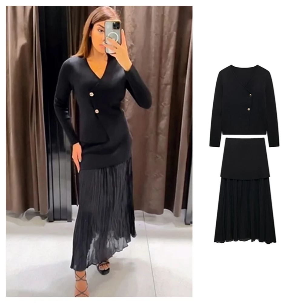 PB&ZA2024 Autumn New Women\'s Clothing Style Slimming Asymmetric Knitted Coat Small Folded Splicing Skirt Set