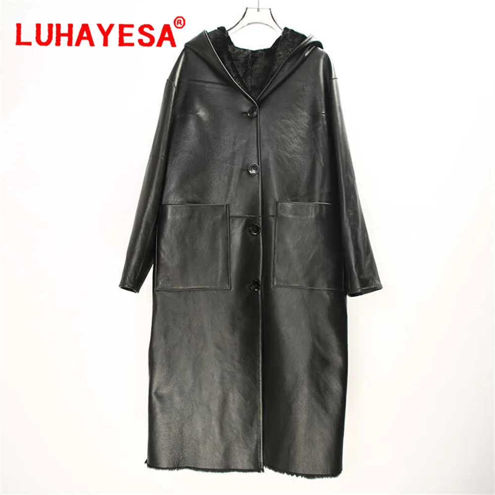 2024 Australia Merino Sheepskin Fur Shearling Women Extra Long Hooded Genuine Lamb Fur Outerwear