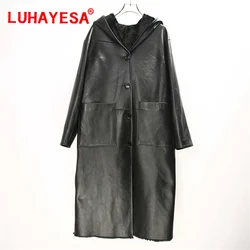 2024 Australia Merino Sheepskin Fur Shearling Women Extra Long Hooded Genuine Lamb Fur Outerwear