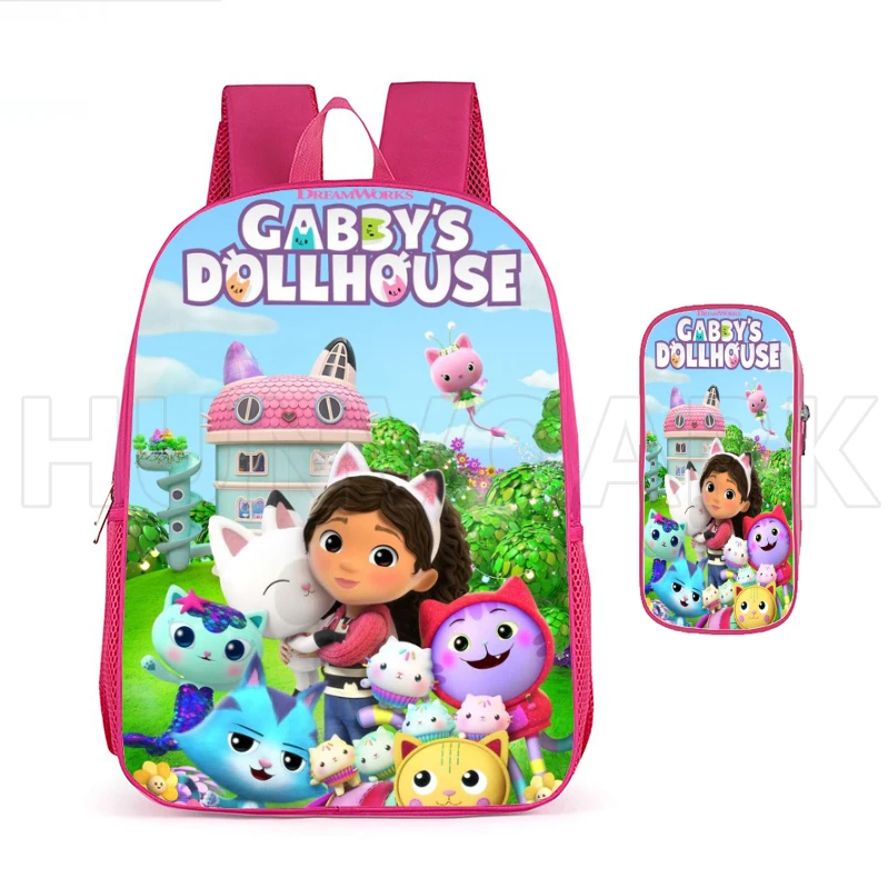 Mochila Pink Lovely Gabby\'s Doll House, pequena bolsa de escola princesa para crianças, sacos de livros para meninas, 12 \