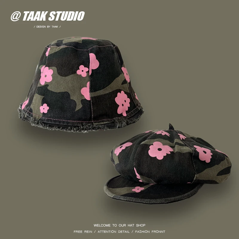 

Зеленая камуфляжная панама, японская восьмиугольная шляпа с розовым цветком, женский маленький берет для показа лица, корейская версия, шляпа от солнца
