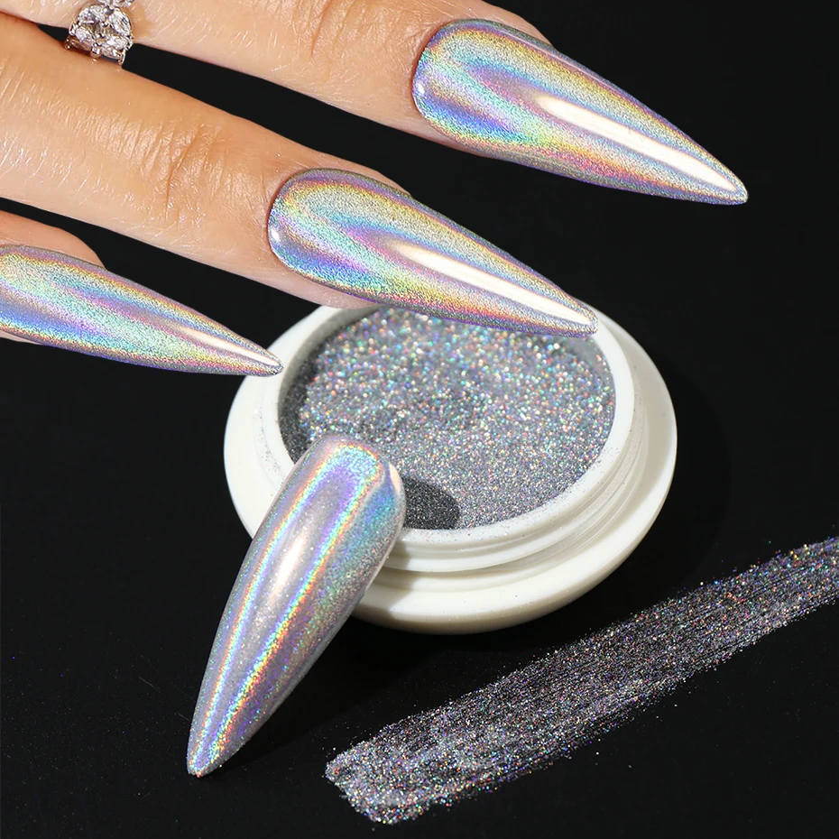 12 stuks holografisch chroom nagelpoeder glitter laser zilver roze metallic regenboog wrijven stof pigment nagelkunst decoraties make-up