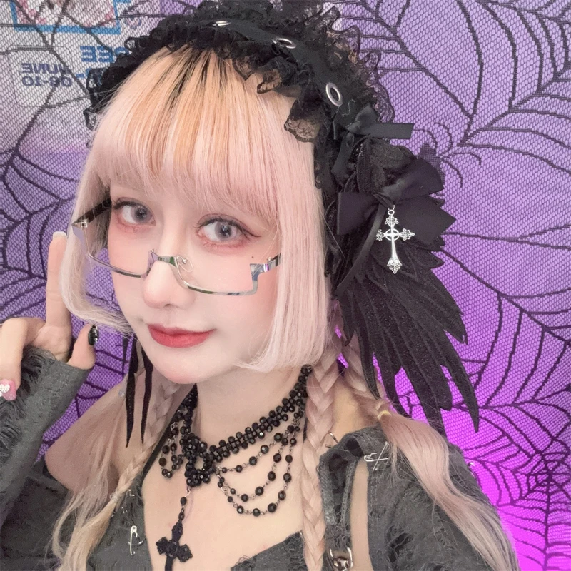 النساء Harajuku Steampunk Y2K الجناح أغطية الرأس القوس عقال لوليتا القوطية الظلام الملاك أغطية الرأس لوليتا تأثيري إكسسوارات الشعر