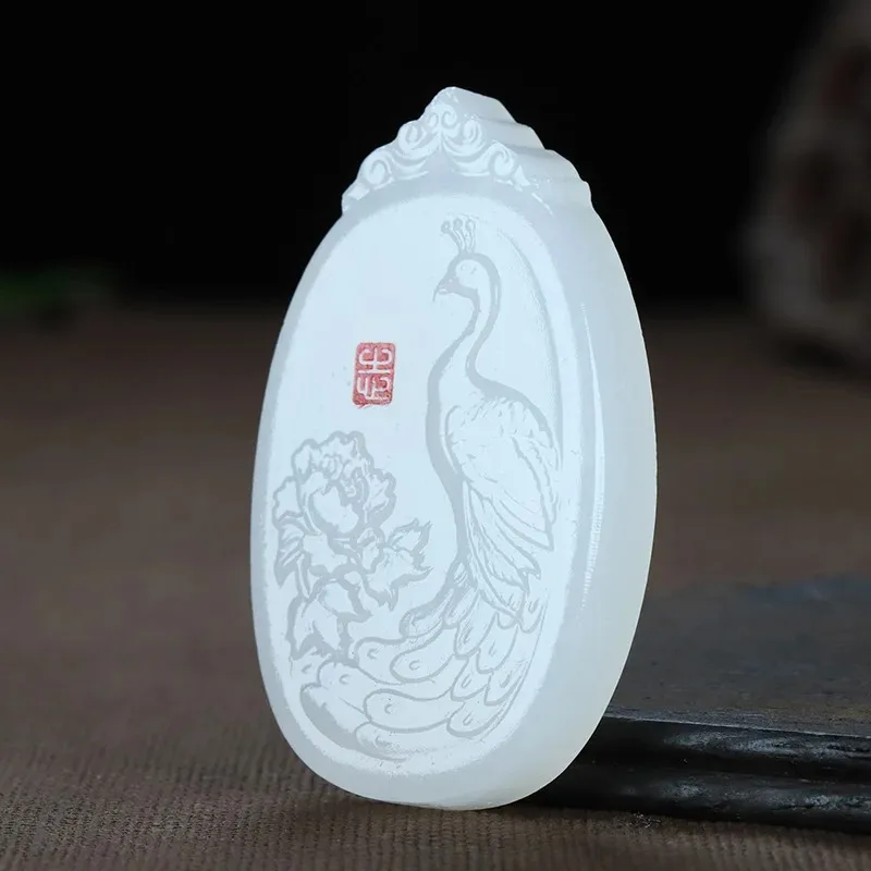 

Natural Afghanistan White Jade Peony Pendant Fashion Boutique Jewelry Men's and Women's Fairy Crane Necklace Gifts