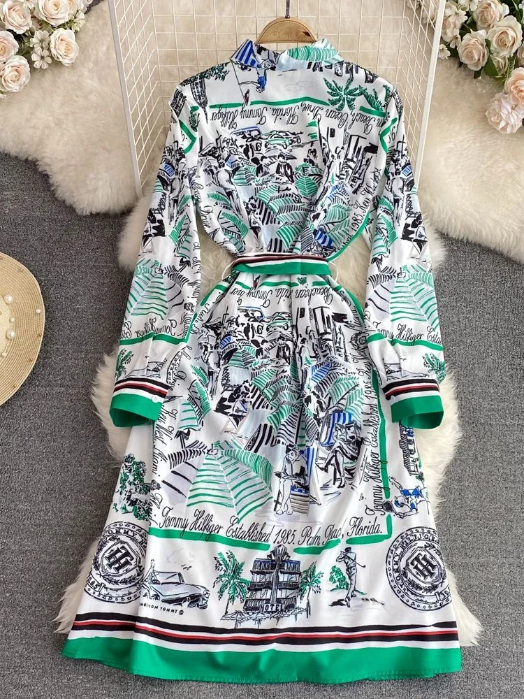 New Fashion Vintage Shirt Dress Women Office Formal Long Sleeve Single Breasted A Line Lace Up Female Chiffon Midi Vestidos