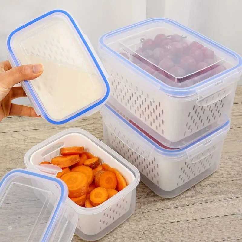 Kitchen Storage Boxs Refrigerator Preservation Storage Boxes Large-Capacity Clear Food Sealed Jars Vegetable Fruit Drain Baskets