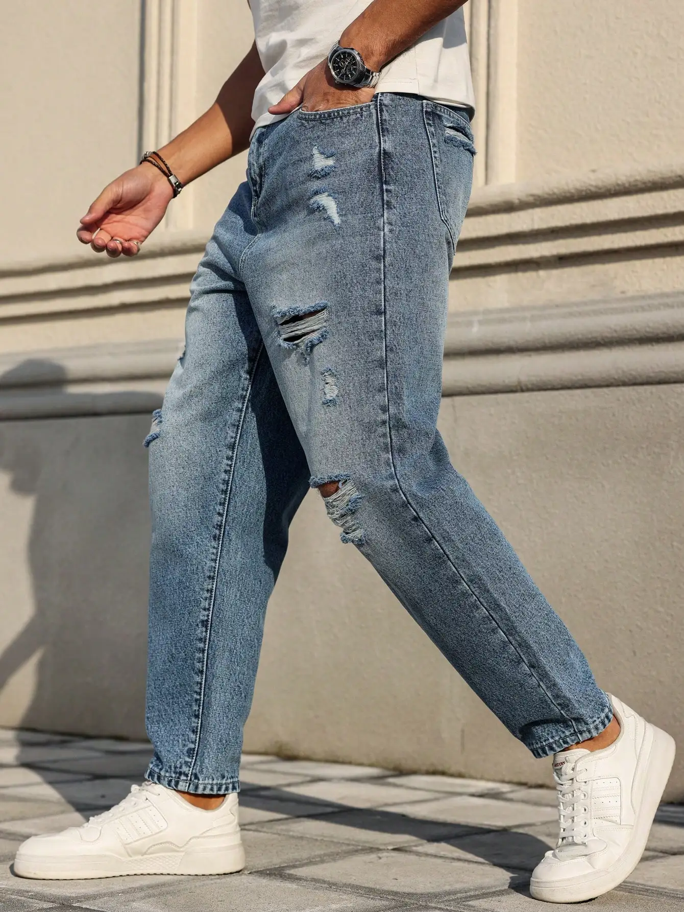 Vaqueros rasgados azules para hombre, pantalones de mendigo desgastados retro, pantalones harem sueltos de tendencia callejera