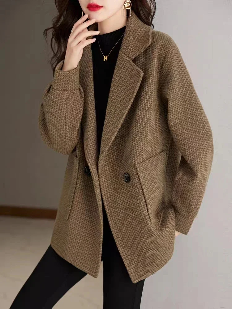 Woolen Jacket for Petite Women, 2023 Autumn/winter New Loose Casual Thick Suit Collar Short Top Female Office Lady Coat Hot Sale