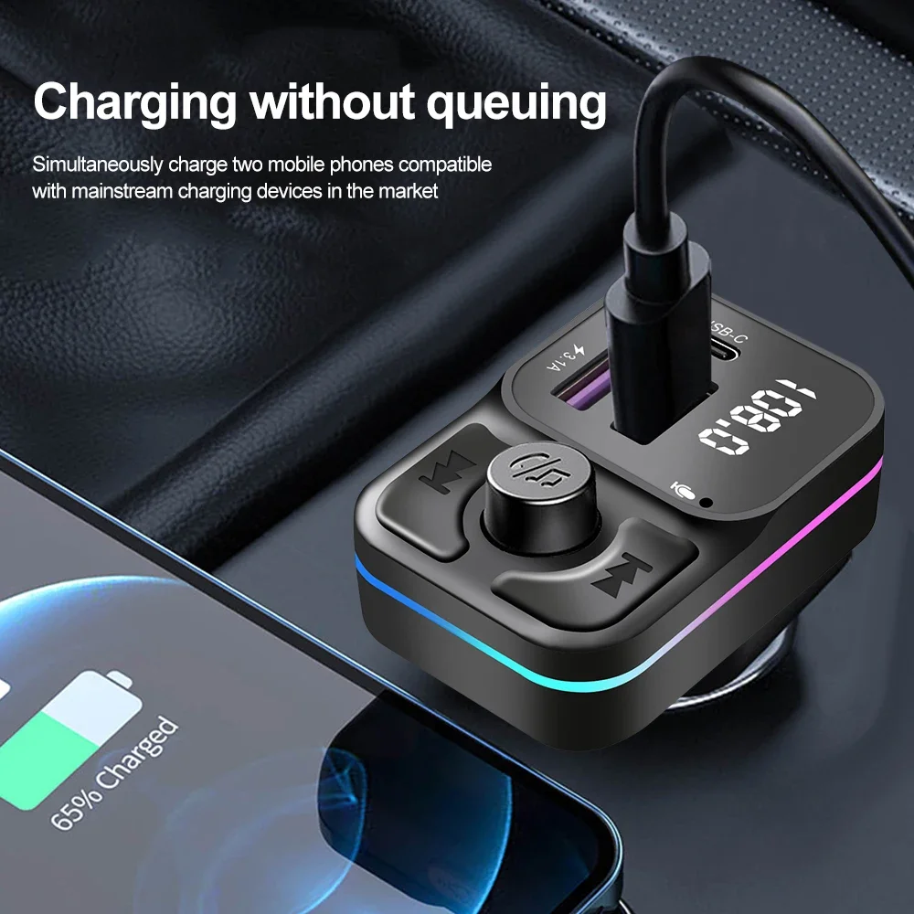 Bluetooth 5.0 FM Transmitter Car MP3 Player Dual USB C Type C Car Charger Phone Quick Charging Adapter Handsfree Calling Car Kit