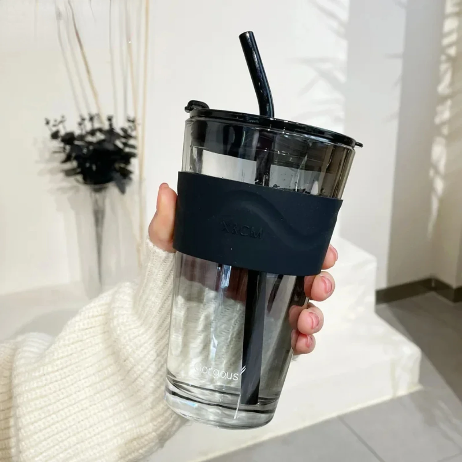 

450ml Lead Free Glass Mug with Cup Sleeve and Lid Straw Coffee Mugs Juice Glass Cute Coffee Mugs Milk Cups Tea Mug Drinkware