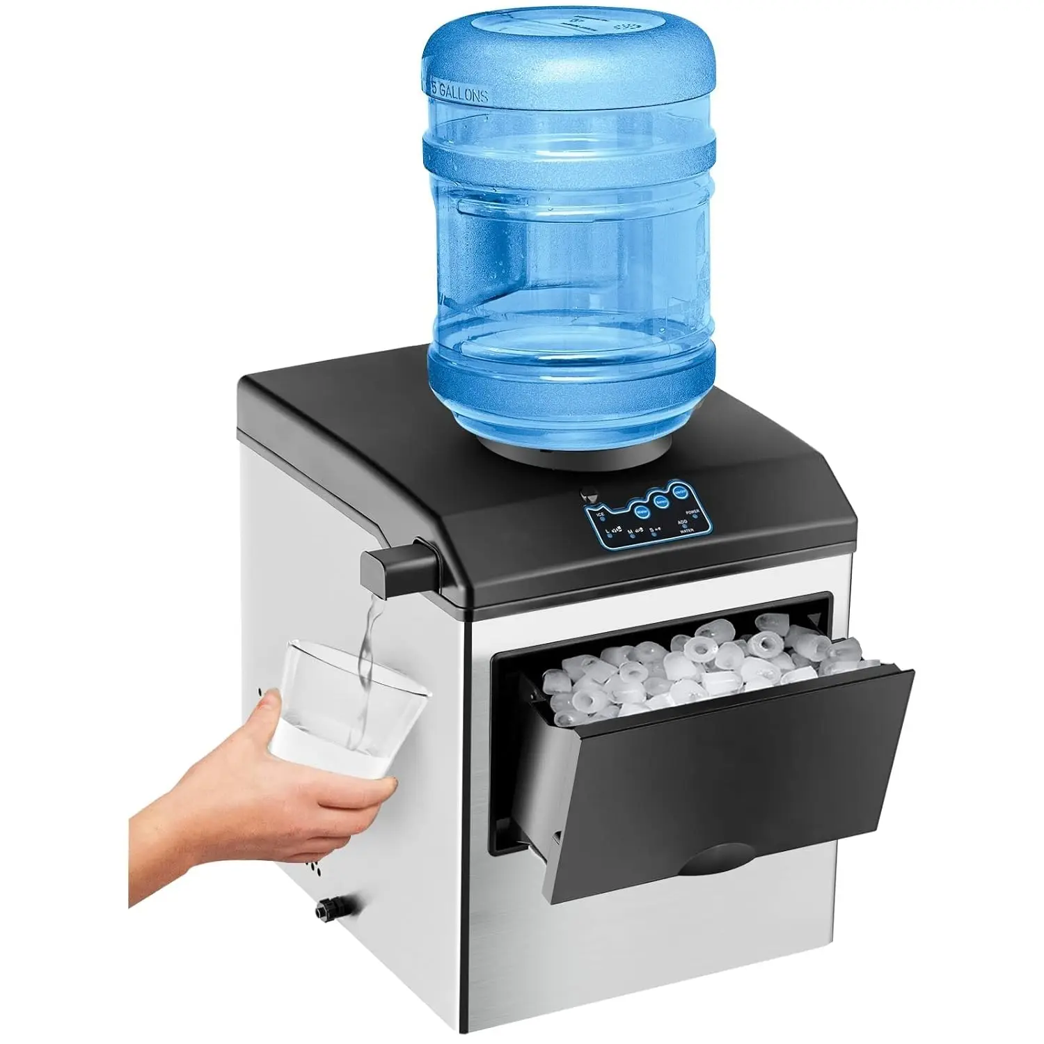 Maker Machine with Water Cooler Dispenser Combo, 48LBS/24H, S-M-L 3 Sizes Bullet Ice, Fast 6 Mins, 5LBS Ice Storage Basket, 2 Wa