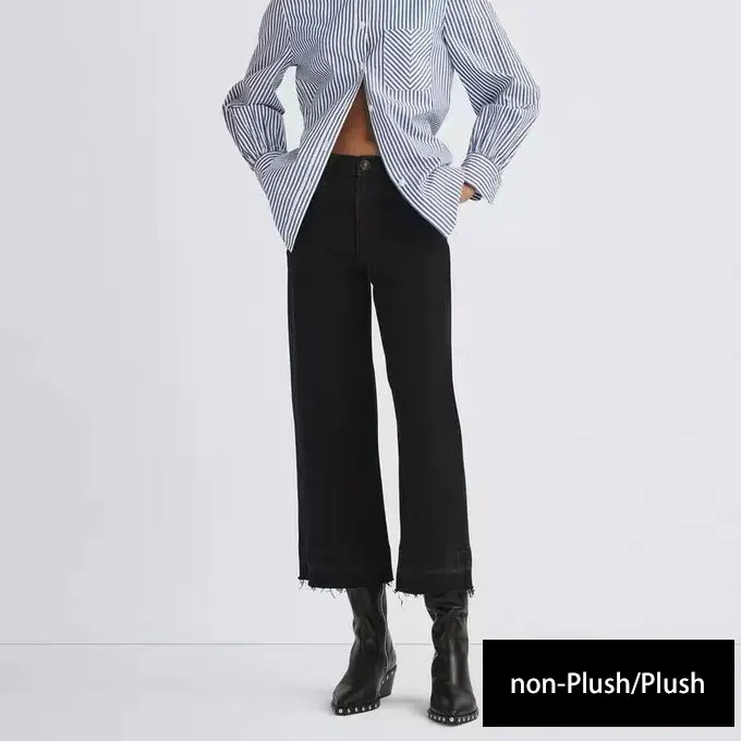 Women Elastic high waisted denim pants plush thick wide leg cropped jeans