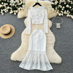 Basics Lace Women Two-Piece Sets Vintage Metal Buckle Top and High Waist Mermaid Skirt Korean High Street Autumn Winter Clothing