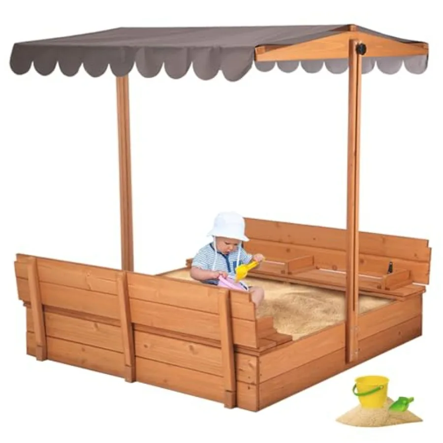 Outdoor sand table for kids ages 4-8: brown foldable sandbox with lid, retractable canopy, and built-in bench seats