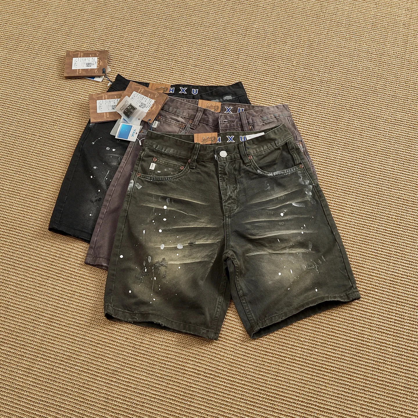 

Прочные винтажные шорты-карго Amekaji с эффектом потертости, до колен, летние, 100% хлопок, с ручной росписью, множеством карманов и заклепками