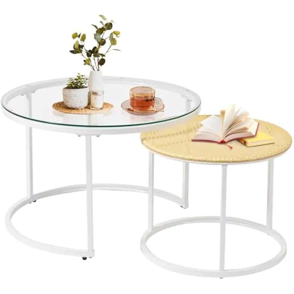 

Round Tea Table , 27.6" Glass Coffee Table, 19.7" Rattan Tea Table, Boho Circle Nesting Tables for Living Room,White