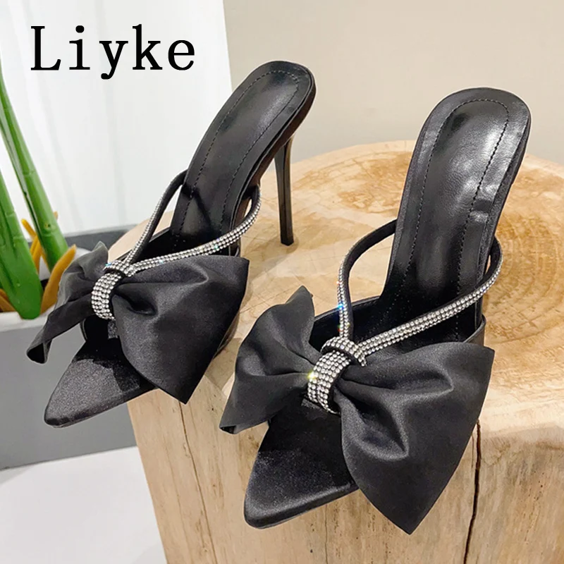 Liyke Sexy Party Nightclub Stripper Heels 11CM Slippers Fashion Bowknot Pointed Open Toe Crystal Rhinestone Shoes Women Sandals