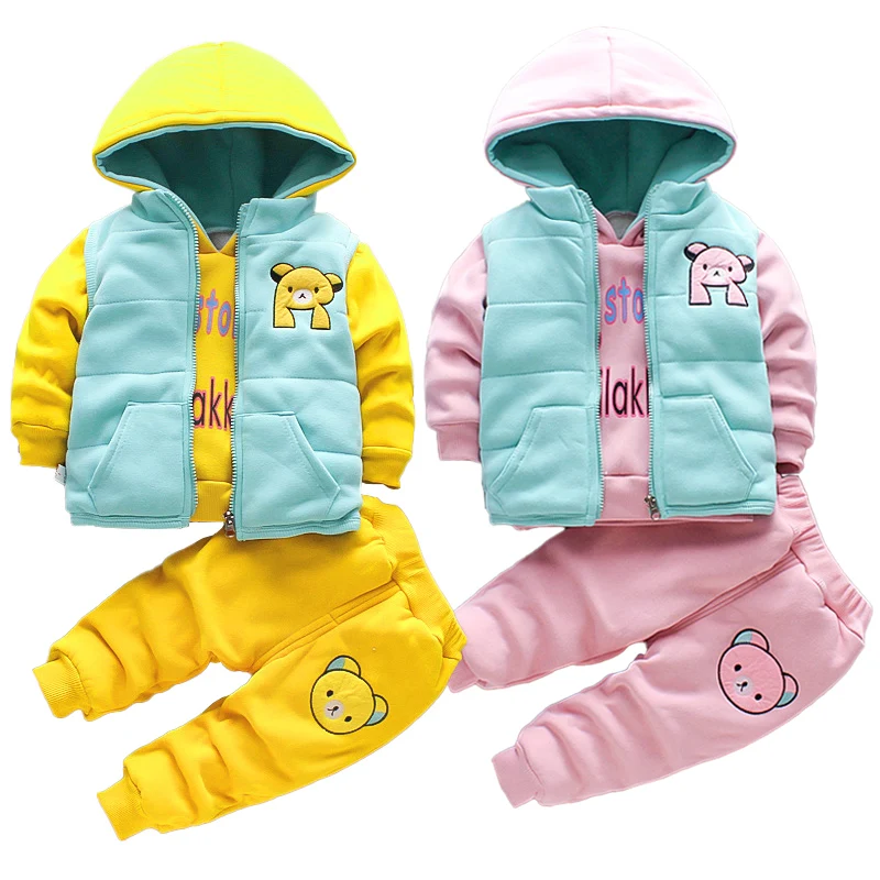 

2023 Autumn Thick Warm Boys Clothing Sets Vest + Hooded Outerwear Tops + Pants 3Pcs Suit For Kids 1-5 Years Toddler Baby Outfit