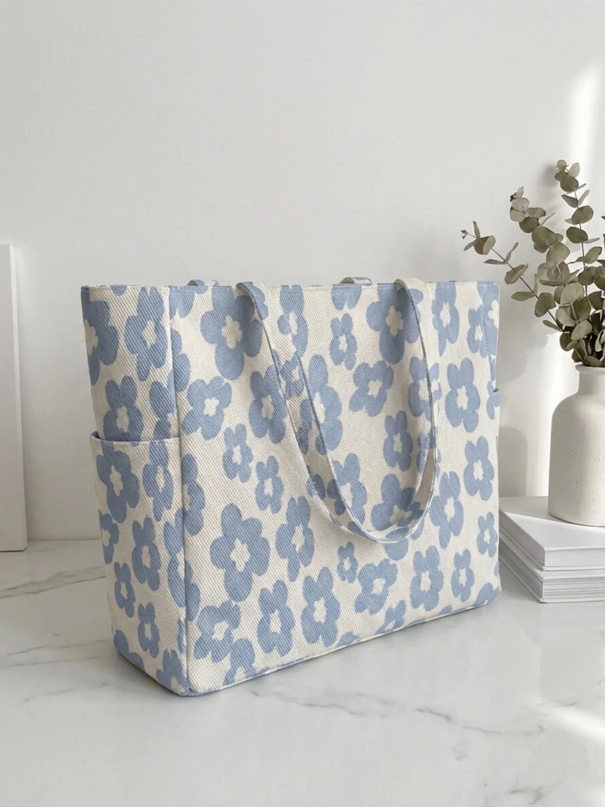 Floral printed large capacity women's handbag, canvas shoulder bag, casual commuting shopping bag