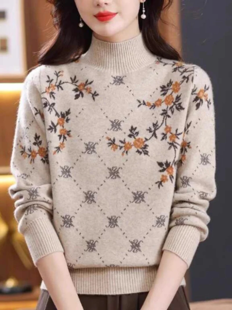 

Свитер с полувысоким воротником, женский осенне-зимний свободный стильный жаккардовый вязаный джемпер с внутренним верхом и принтом w1547