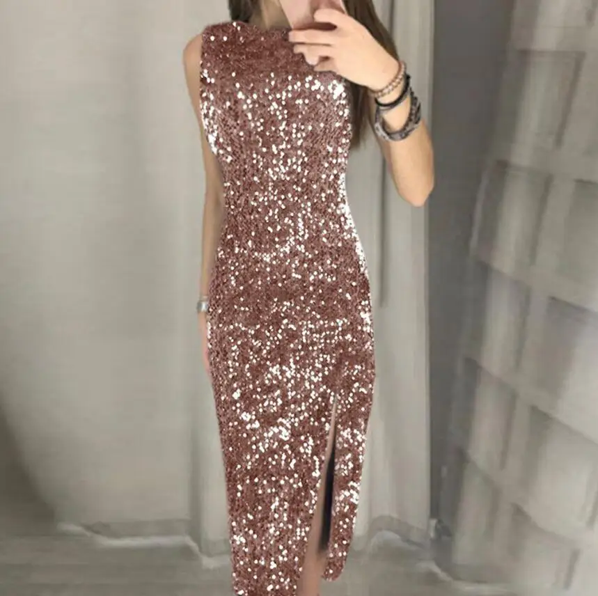 New Fashion Sexy Sleeveless Irregular Sequin Slit Solid Color Slim Fit Dress For Women,4 Colors