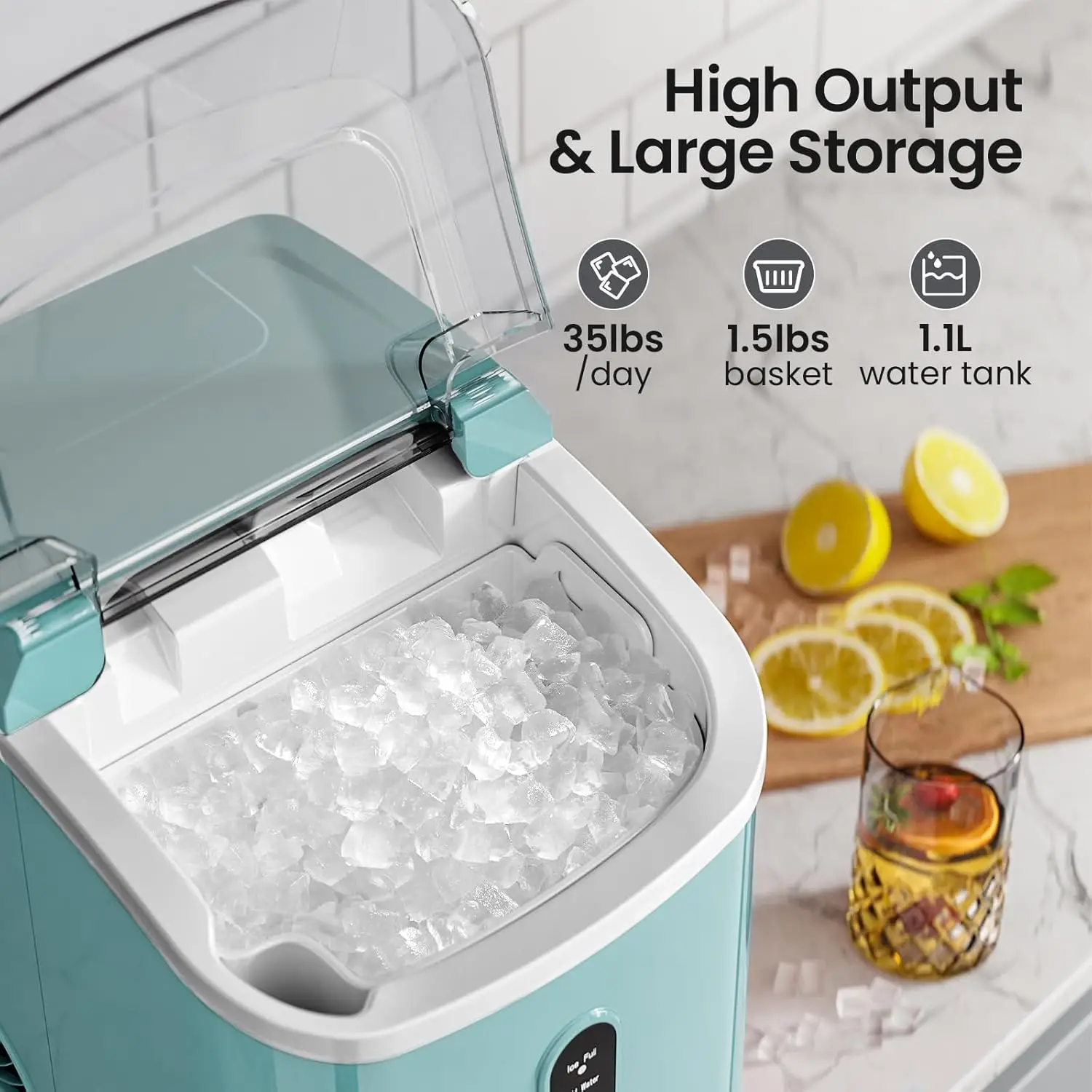 Nugget Ice Maker Countertop,35lbs/24H,Portable Pebble Ice Machine with Handle,Self-Cleaning Function,Pellet Ice Maker for Home